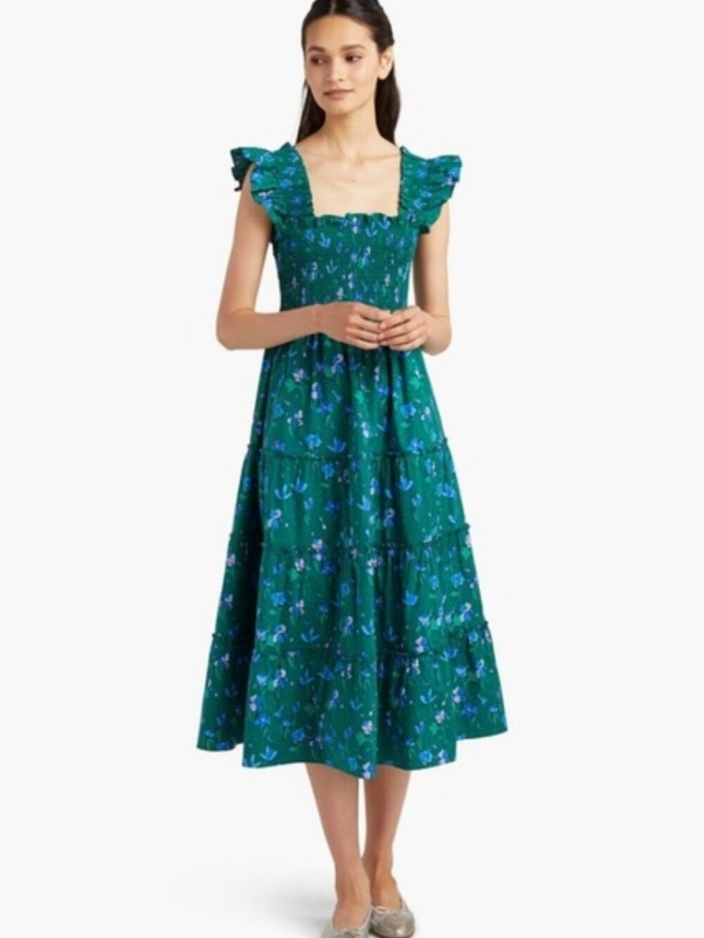Hill House The Ellie Nap Midi Dress Emerald Space Floral Blue Green Size XS